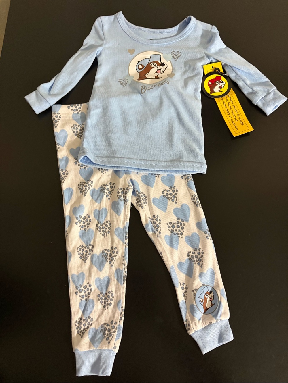 Blue Chipmunk Graphic Kids Pajama Set - Long Sleeve Top & Heart Print Pants